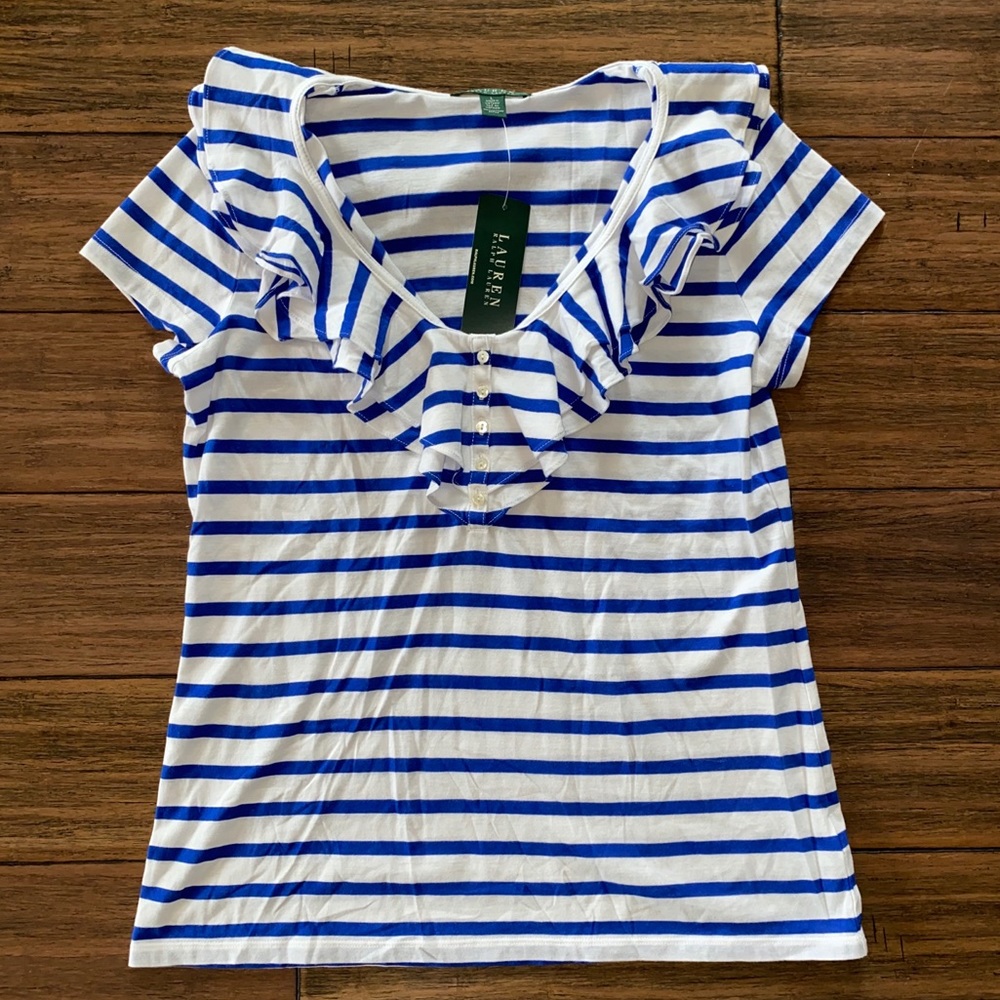 041. NWT Ralph Lauren Stripe Ruffle Button Top